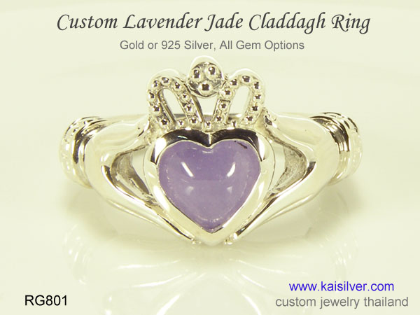 jade claddagh ring, green  or lavender jade