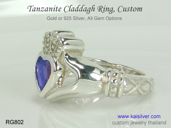 silver heart ring claddagh gemstone